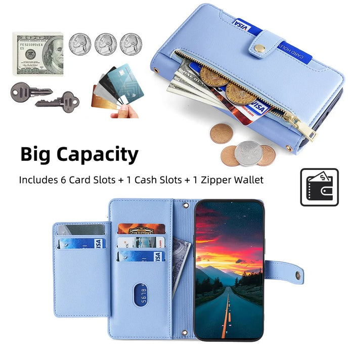 For Samsung Galaxy S22+ 5G Cell Phone Case Zipper Pocket Anti-fall Leather Wallet Cover - Blue - 4