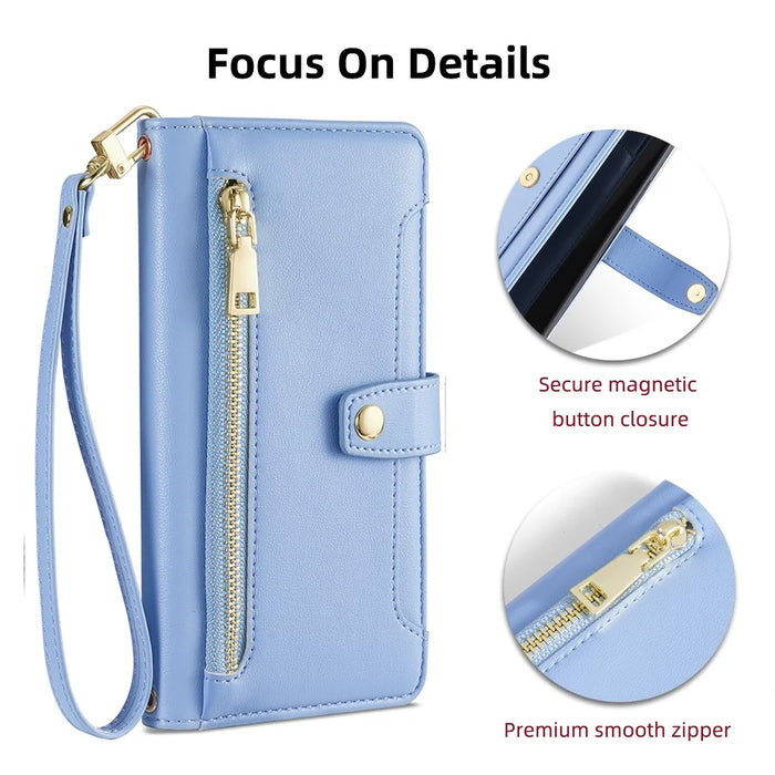 For Samsung Galaxy S22+ 5G Cell Phone Case Zipper Pocket Anti-fall Leather Wallet Cover - Blue - 5