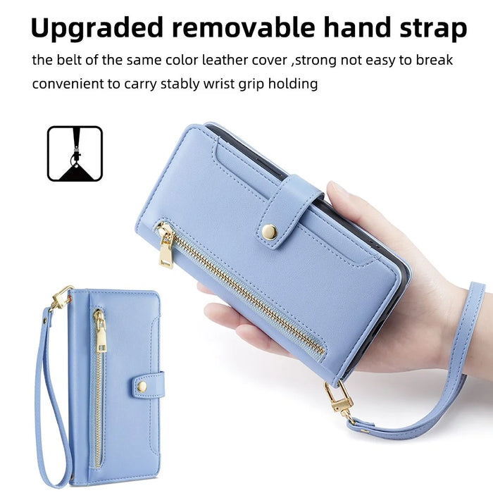 For Samsung Galaxy S22+ 5G Cell Phone Case Zipper Pocket Anti-fall Leather Wallet Cover - Blue - 7