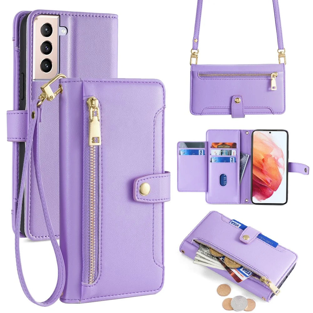 For Samsung Galaxy S21 4G / S21 5G Case PU Leather Cell Phone Cover with Zipper Pocket - Purple - 1