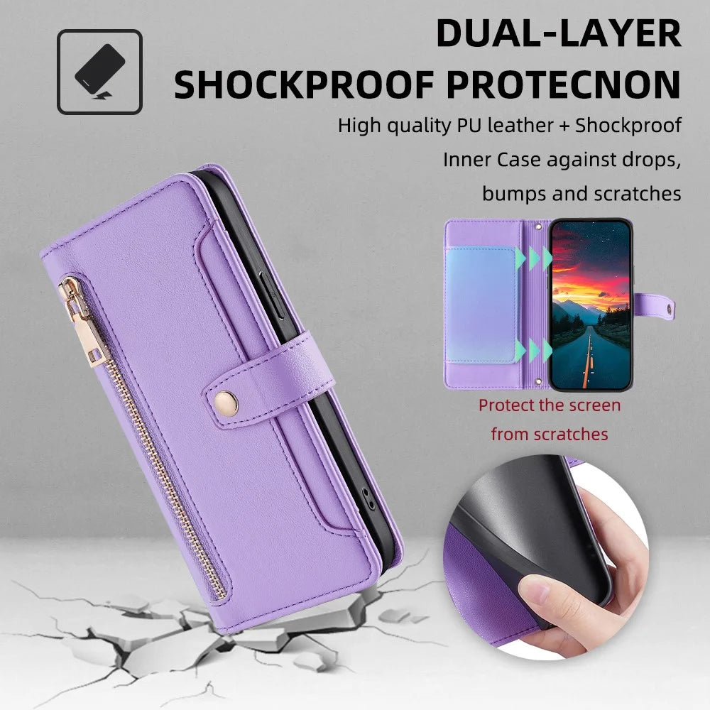 For Samsung Galaxy S21 4G / S21 5G Case PU Leather Cell Phone Cover with Zipper Pocket - Purple - 6