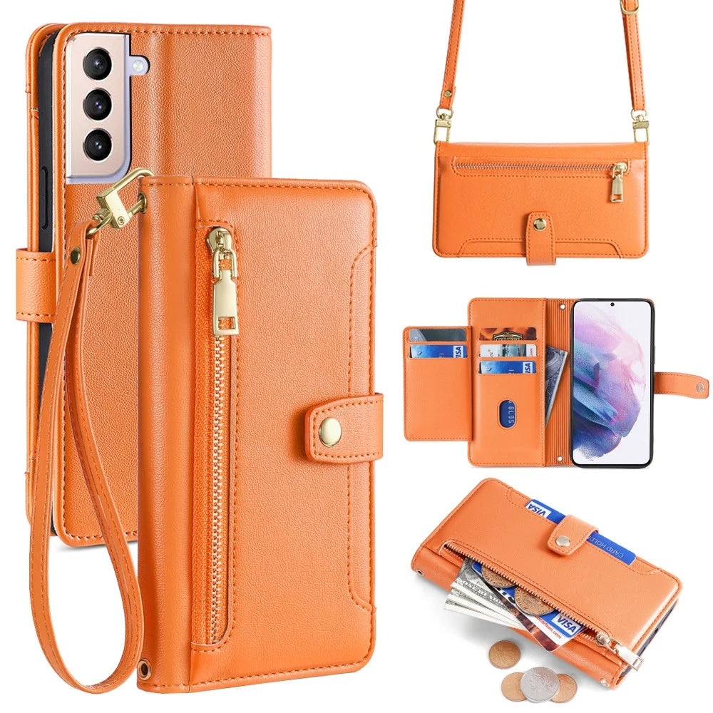 For Samsung Galaxy S21+ 5G Cell Phone Case Textured Wallet Stand Leather Phone Cover with 2 Straps - Orange - 1