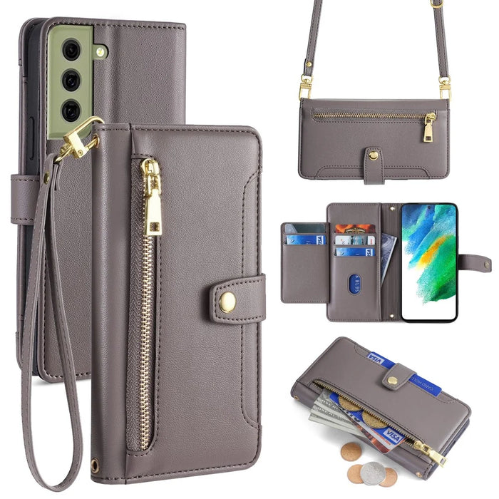 For Samsung Galaxy S21 FE 5G Cell Phone Case Anti-fall Leather Wallet Phone Cover with 2 Straps - Grey - 1