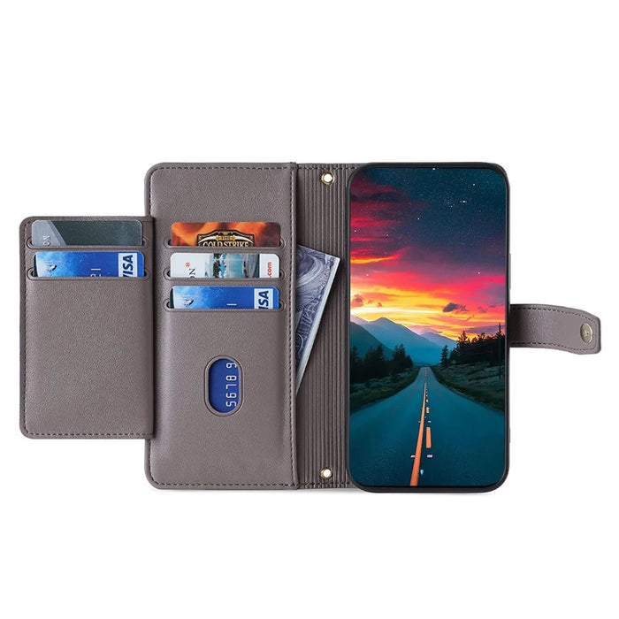 For Samsung Galaxy S21 FE 5G Cell Phone Case Anti-fall Leather Wallet Phone Cover with 2 Straps - Grey - 2