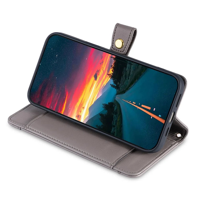 For Samsung Galaxy S21 FE 5G Cell Phone Case Anti-fall Leather Wallet Phone Cover with 2 Straps - Grey - 3