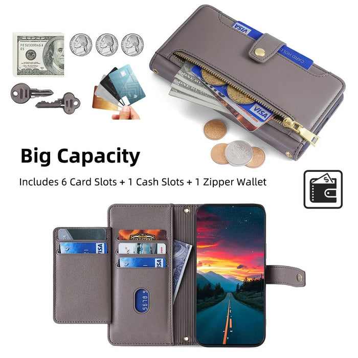 For Samsung Galaxy S21 FE 5G Cell Phone Case Anti-fall Leather Wallet Phone Cover with 2 Straps - Grey - 4