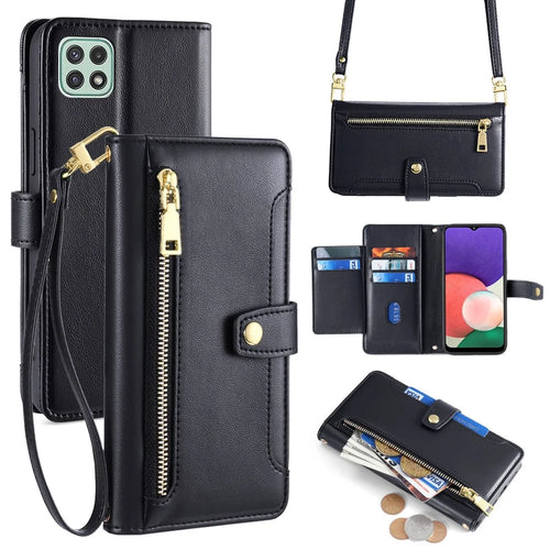 For Samsung Galaxy A22 5G (EU Version) Cell Phone Case PU Leather Cover with Long and Short Strap - Black - 1