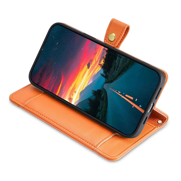 For Samsung Galaxy A22 4G (EU Version) Cell Phone Case Anti-shock PU Leather Wallet Cover with 2 Straps - Orange - 3