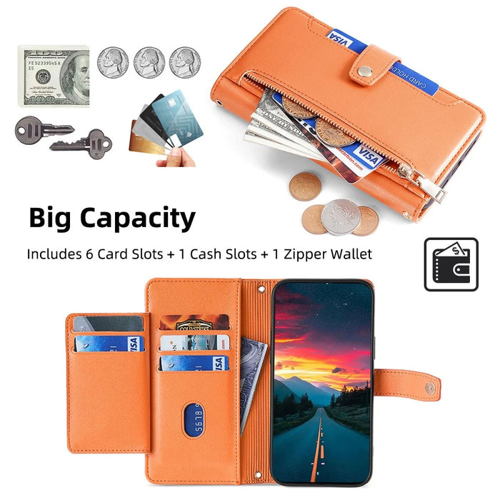 For Samsung Galaxy A22 4G (EU Version) Cell Phone Case Anti-shock PU Leather Wallet Cover with 2 Straps - Orange - 4