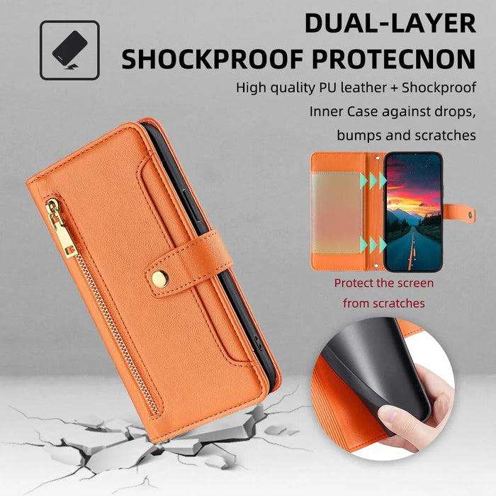For Samsung Galaxy A22 4G (EU Version) Cell Phone Case Anti-shock PU Leather Wallet Cover with 2 Straps - Orange - 6