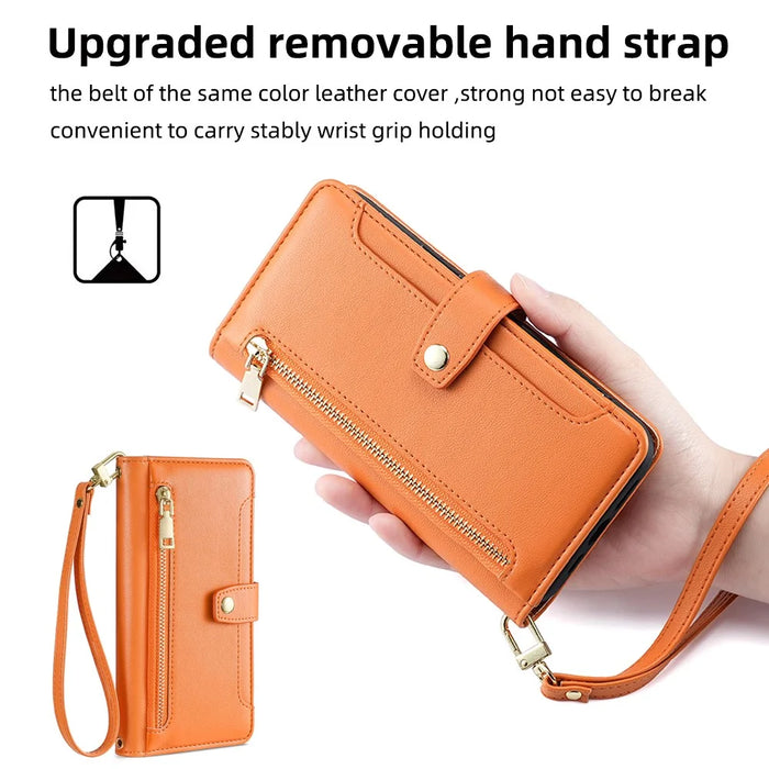 For Samsung Galaxy A22 4G (EU Version) Cell Phone Case Anti-shock PU Leather Wallet Cover with 2 Straps - Orange - 7