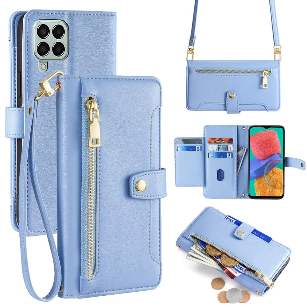 For Samsung Galaxy M33 5G (Global Version) Cell Phone Case Textured Leather Stand Cover with 2 Straps - Blue - 1