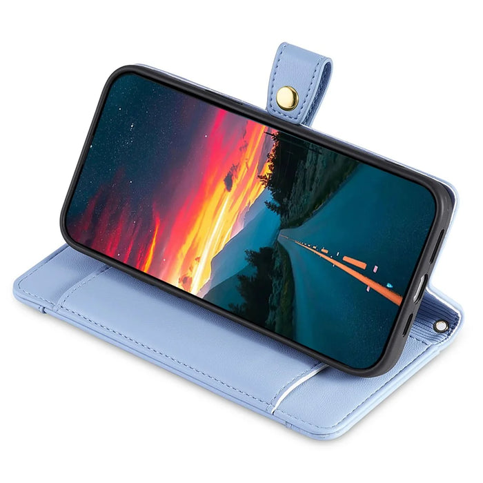 For Samsung Galaxy M33 5G (Global Version) Cell Phone Case Textured Leather Stand Cover with 2 Straps - Blue - 3