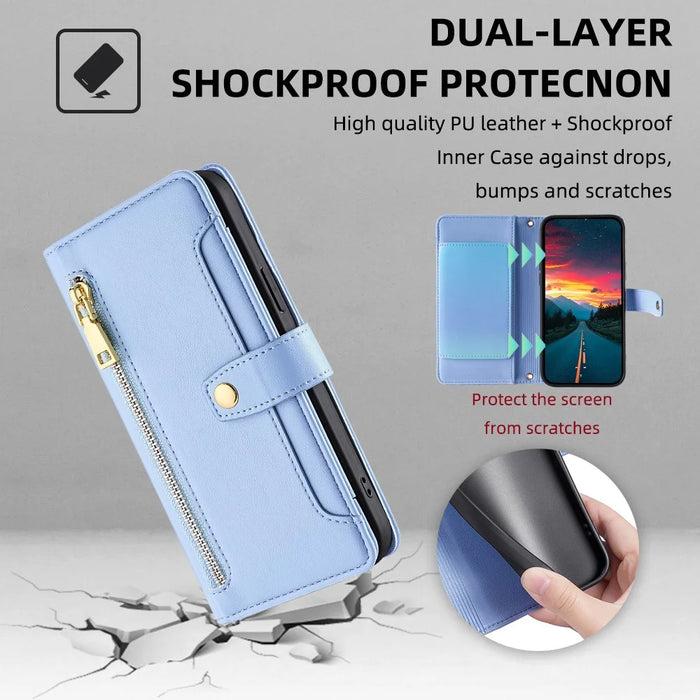 For Samsung Galaxy M33 5G (Global Version) Cell Phone Case Textured Leather Stand Cover with 2 Straps - Blue - 6