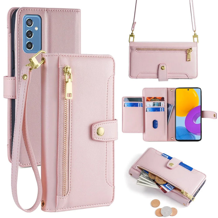 For Samsung Galaxy M52 5G Cell Phone Case Zipper Pocket Drop-proof Leather Wallet Stand Cover - Pink - 1