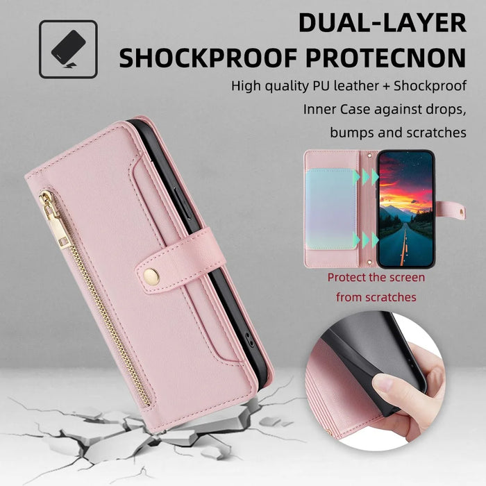 For Samsung Galaxy M52 5G Cell Phone Case Zipper Pocket Drop-proof Leather Wallet Stand Cover - Pink - 6