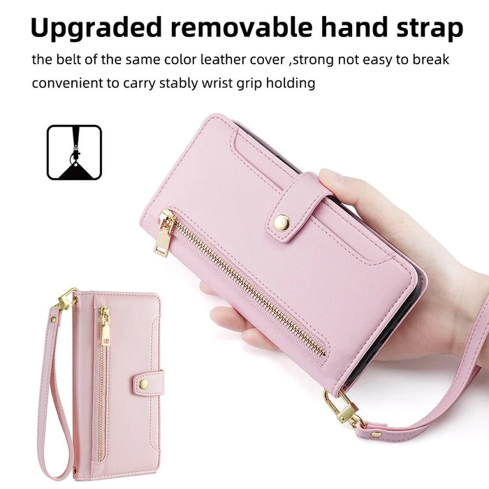 For Samsung Galaxy M52 5G Cell Phone Case Zipper Pocket Drop-proof Leather Wallet Stand Cover - Pink - 7