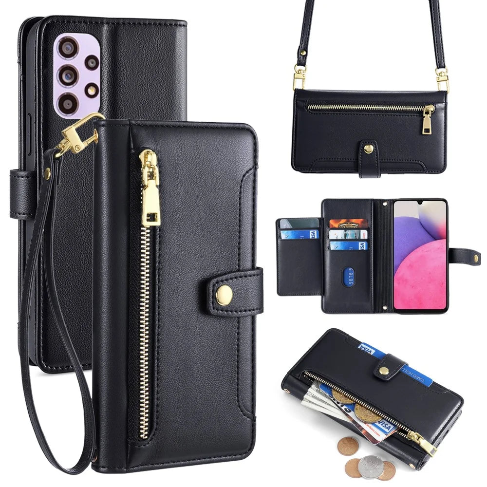 For Samsung Galaxy A33 5G Case Zipper Pocket Stand Phone Cover with Shoulder Strap - Black - 1