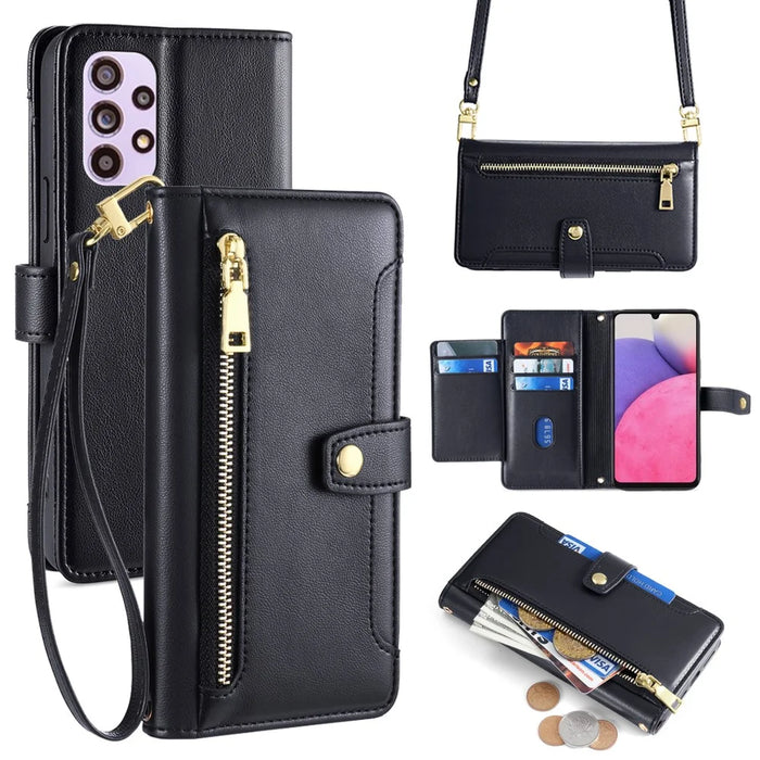 For Samsung Galaxy A33 5G Case Zipper Pocket Stand Phone Cover with Shoulder Strap - Black - 1