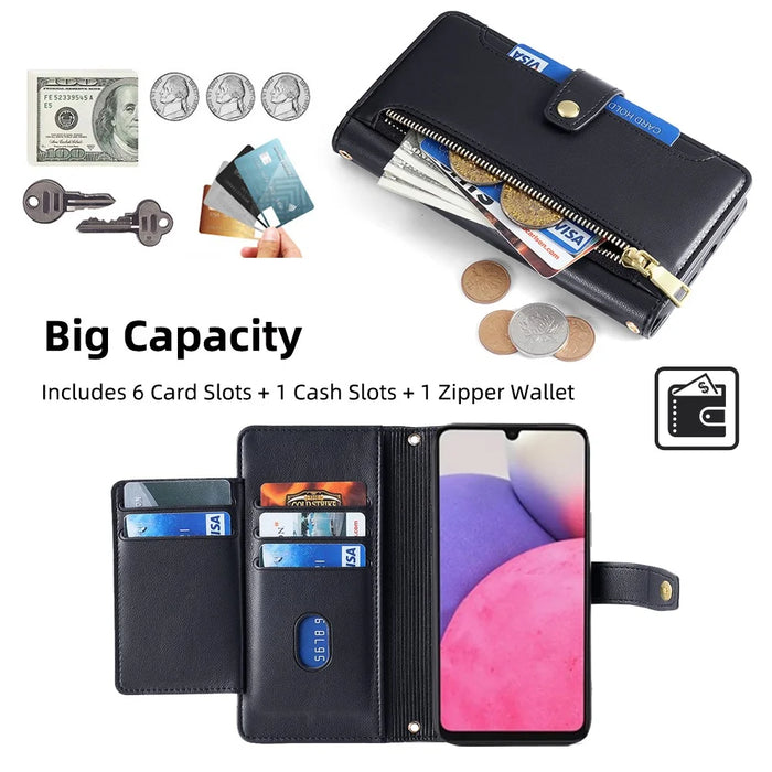 For Samsung Galaxy A33 5G Case Zipper Pocket Stand Phone Cover with Shoulder Strap - Black - 2