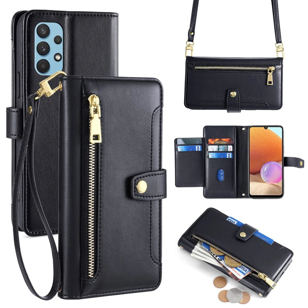 For Samsung Galaxy A32 4G (EU Version) Cell Phone Case Zipper Pocket Leather Cover with Wrist Strap - Black - 1