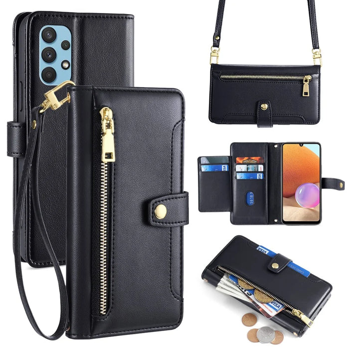 For Samsung Galaxy A32 4G (EU Version) Cell Phone Case Zipper Pocket Leather Cover with Wrist Strap - Black - 1