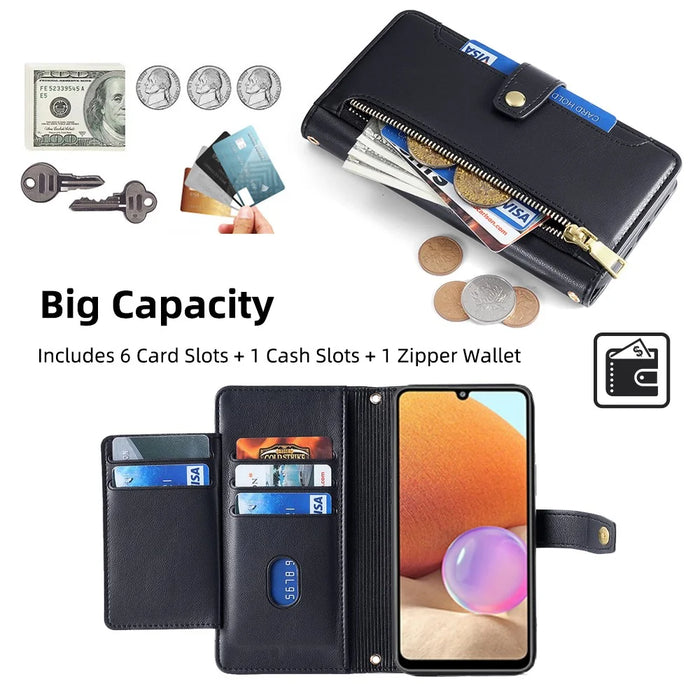 For Samsung Galaxy A32 4G (EU Version) Cell Phone Case Zipper Pocket Leather Cover with Wrist Strap - Black - 2