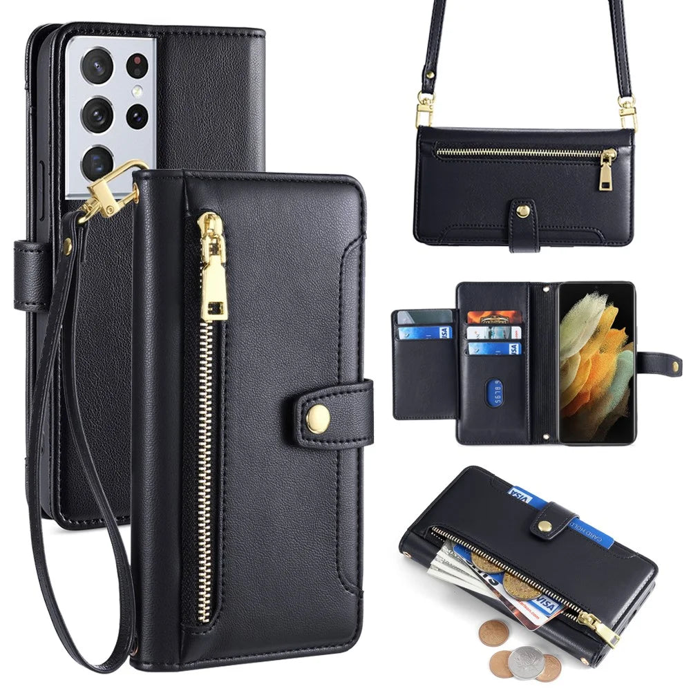 For Samsung Galaxy S21 Ultra 5G Case Zipper Pocket Card Slots Cover with Shoulder Wrist Straps - Black - 1