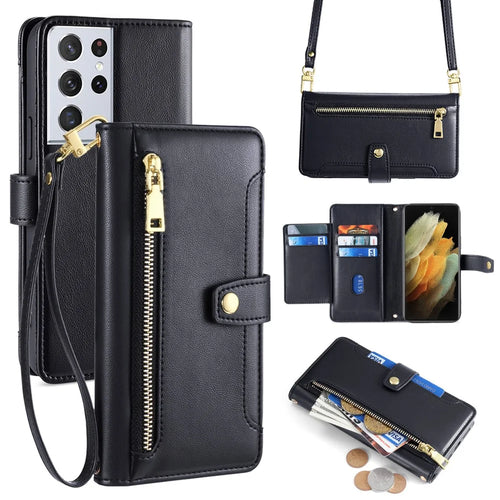 For Samsung Galaxy S21 Ultra 5G Case Zipper Pocket Card Slots Cover with Shoulder Wrist Straps - Black - 1