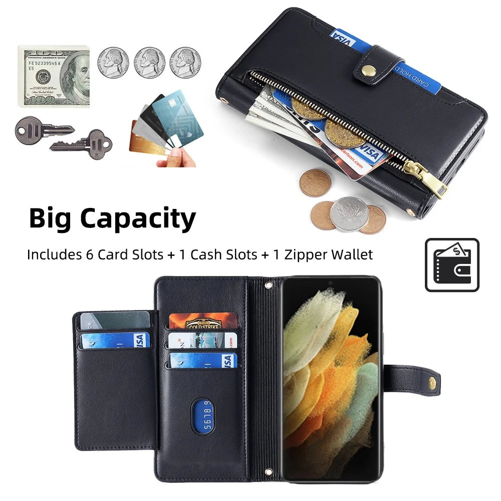 For Samsung Galaxy S21 Ultra 5G Case Zipper Pocket Card Slots Cover with Shoulder Wrist Straps - Black - 2
