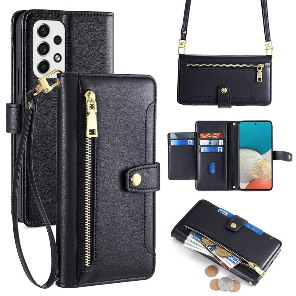 For Samsung Galaxy A53 5G Case PU Leather+TPU Smart Phone Cover with Crossbody Shoulder Strap - Black - 1