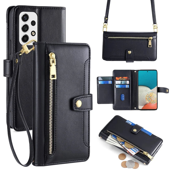 For Samsung Galaxy A53 5G Case PU Leather+TPU Smart Phone Cover with Crossbody Shoulder Strap - Black - 1