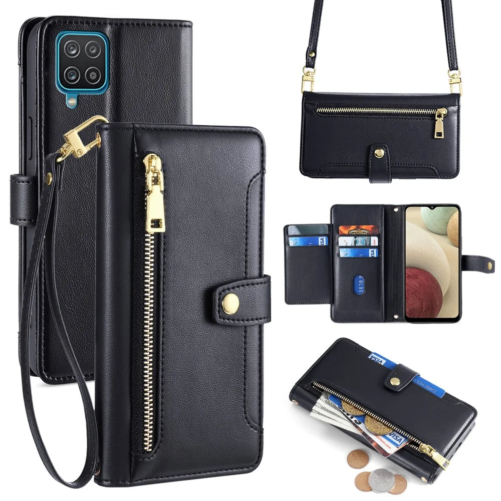 For Samsung Galaxy A12 Magnetic Case Shock Absorbing PU Leather Phone Cover - Black - 1