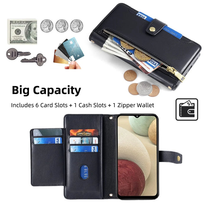For Samsung Galaxy A12 Magnetic Case Shock Absorbing PU Leather Phone Cover - Black - 2