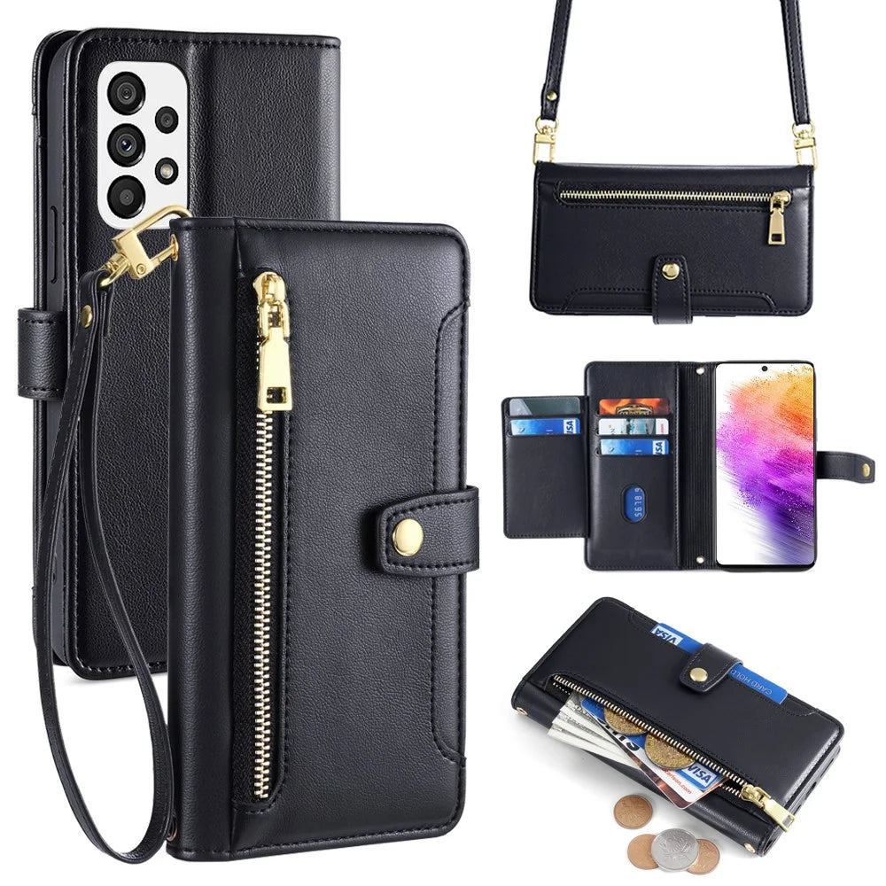 For Samsung Galaxy A73 5G Magnetic Case 6 Card Holders Stand Phone Cover - Black - 1
