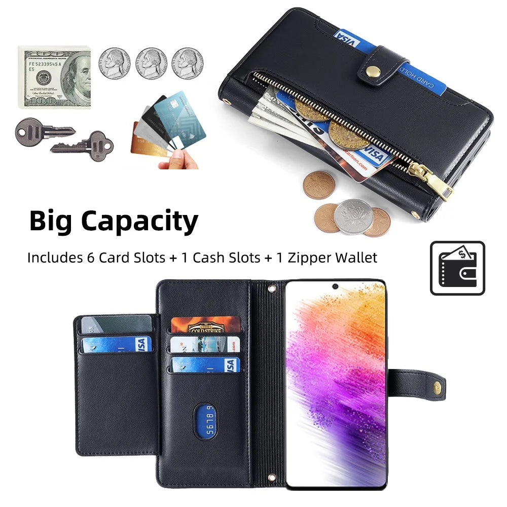 For Samsung Galaxy A73 5G Magnetic Case 6 Card Holders Stand Phone Cover - Black - 2