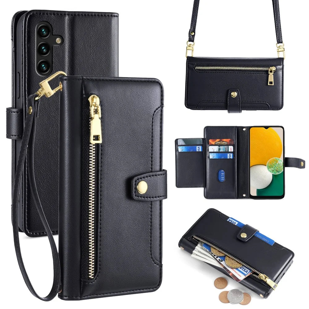 For Samsung Galaxy A13 5G Case PU Leather+TPU Stand Cover with Adjustable Long Strap - Black - 1