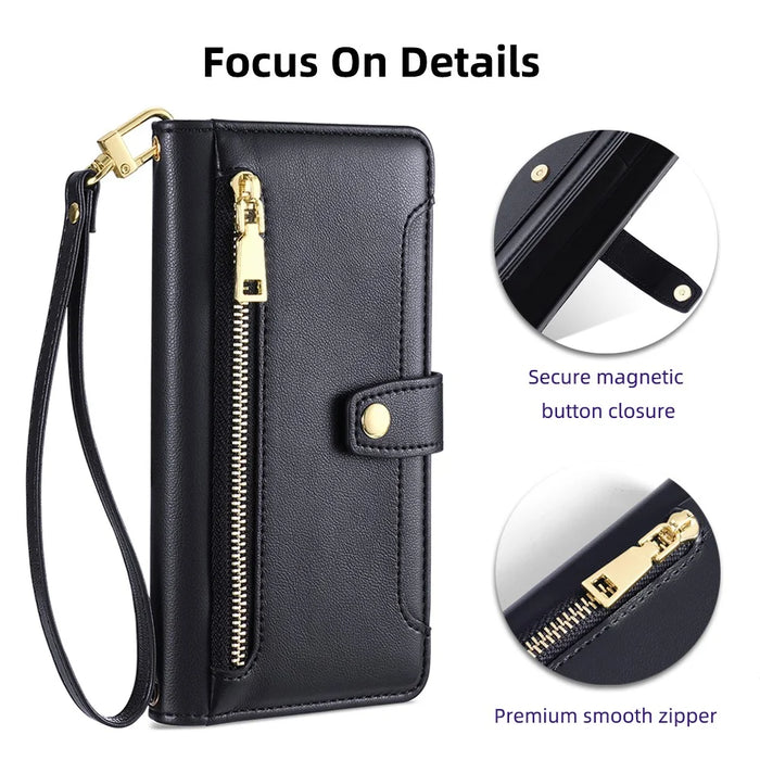For Samsung Galaxy A13 5G Case PU Leather+TPU Stand Cover with Adjustable Long Strap - Black - 6