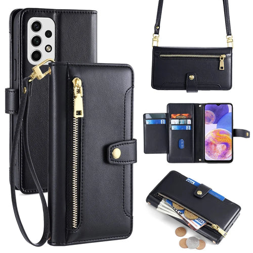 For Samsung Galaxy A23 5G (Global Version) Magnetic Phone Case PU Leather Stand Cover with Wrist Strap - Black - 1