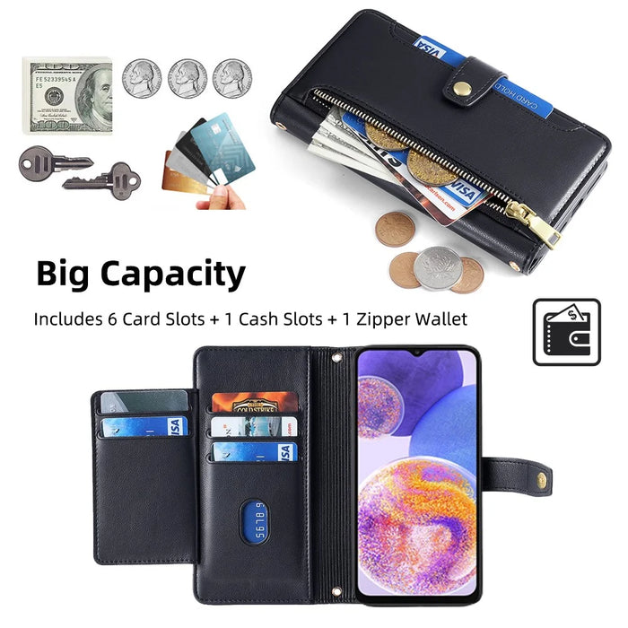 For Samsung Galaxy A23 5G (Global Version) Magnetic Phone Case PU Leather Stand Cover with Wrist Strap - Black - 2
