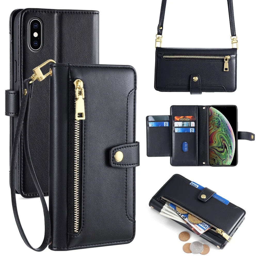 For iPhone XS 5.8 inch / X Case Magnetic Zipper Pocket Cover with Crossbody Shoulder Strap - Black - 1