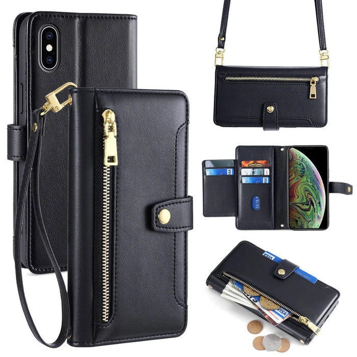 For iPhone XS 5.8 inch / X Case Magnetic Zipper Pocket Cover with Crossbody Shoulder Strap - Black - 1