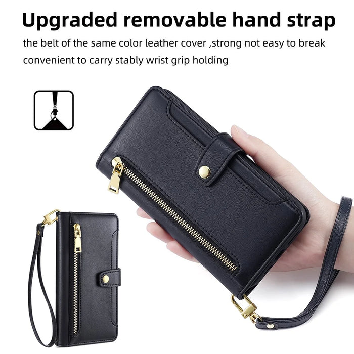 For iPhone XS 5.8 inch / X Case Magnetic Zipper Pocket Cover with Crossbody Shoulder Strap - Black - 4
