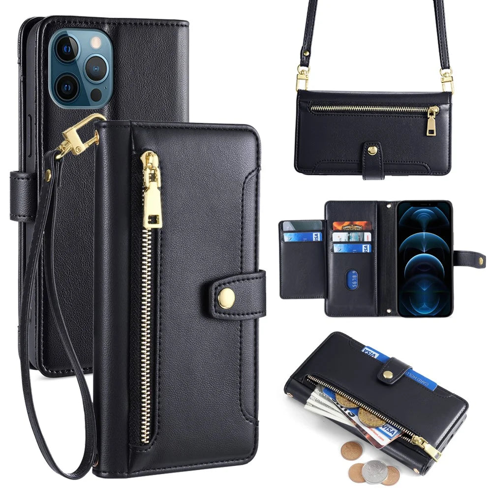 For iPhone 12 Pro Max 6.7 inch Case Leather 6 Card Holders Cover with Magnetic Hardware Buckle - Black - 1