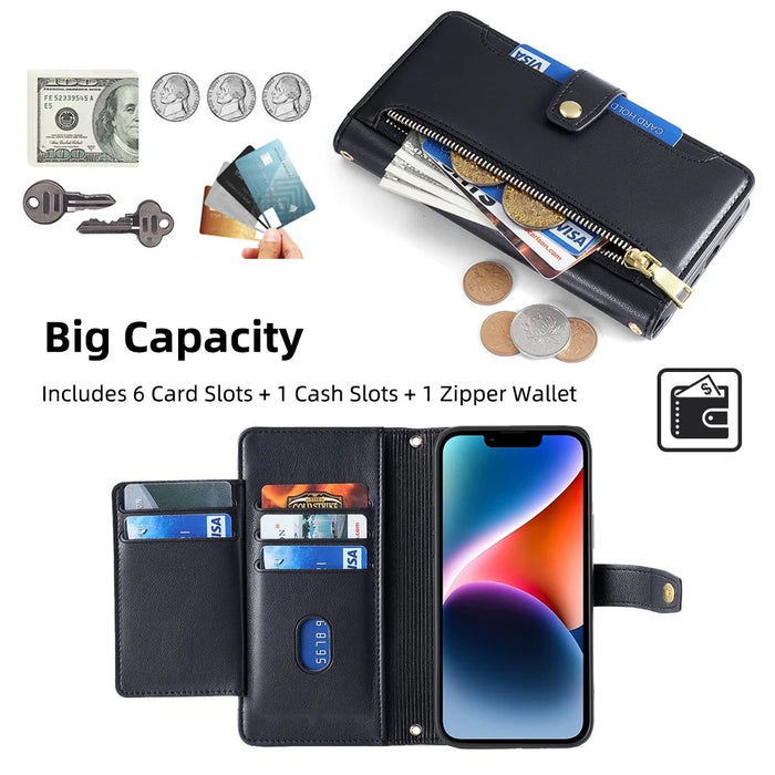 For iPhone 12 Pro Max 6.7 inch Case Leather 6 Card Holders Cover with Magnetic Hardware Buckle - Black - 2