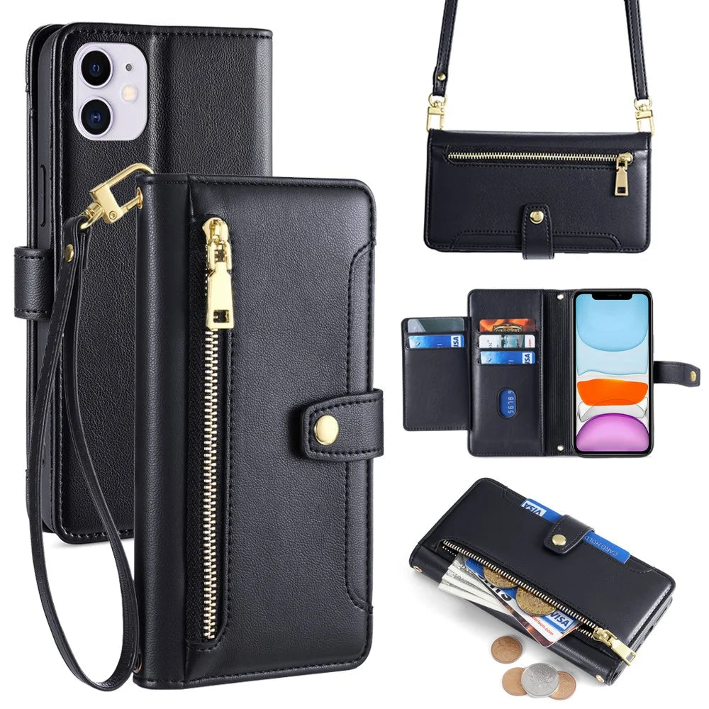 For iPhone 11 Case Anti-scratch Wallet Phone Cover with Magnetic Closure - Black - 1