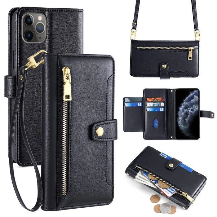 For iPhone 11 Pro Wallet Case Magnetic Crossbody Card Holder Phone Cover - Black - 1