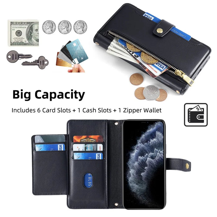 For iPhone 11 Pro Wallet Case Magnetic Crossbody Card Holder Phone Cover - Black - 2