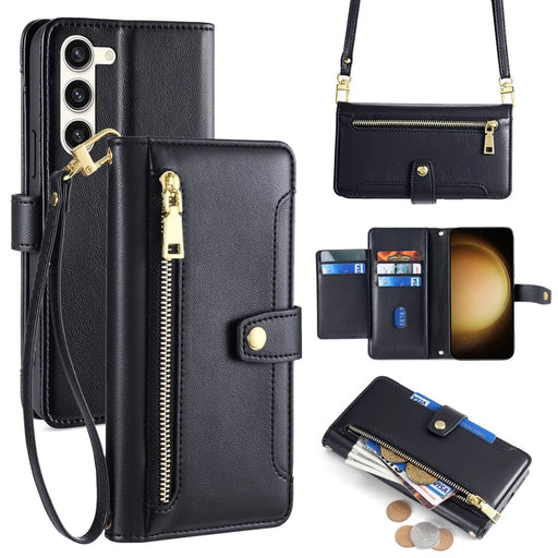 For Samsung Galaxy S23+ Wallet Case 6 Card Holders Crossbody Phone Guard Cover - Black - 1