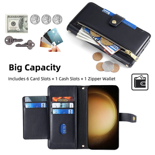 For Samsung Galaxy S23+ Wallet Case 6 Card Holders Crossbody Phone Guard Cover - Black - 2